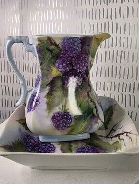 Vintage Artist Signed Hand Painted Porcelain Pitcher & Tray Blackberry Grape